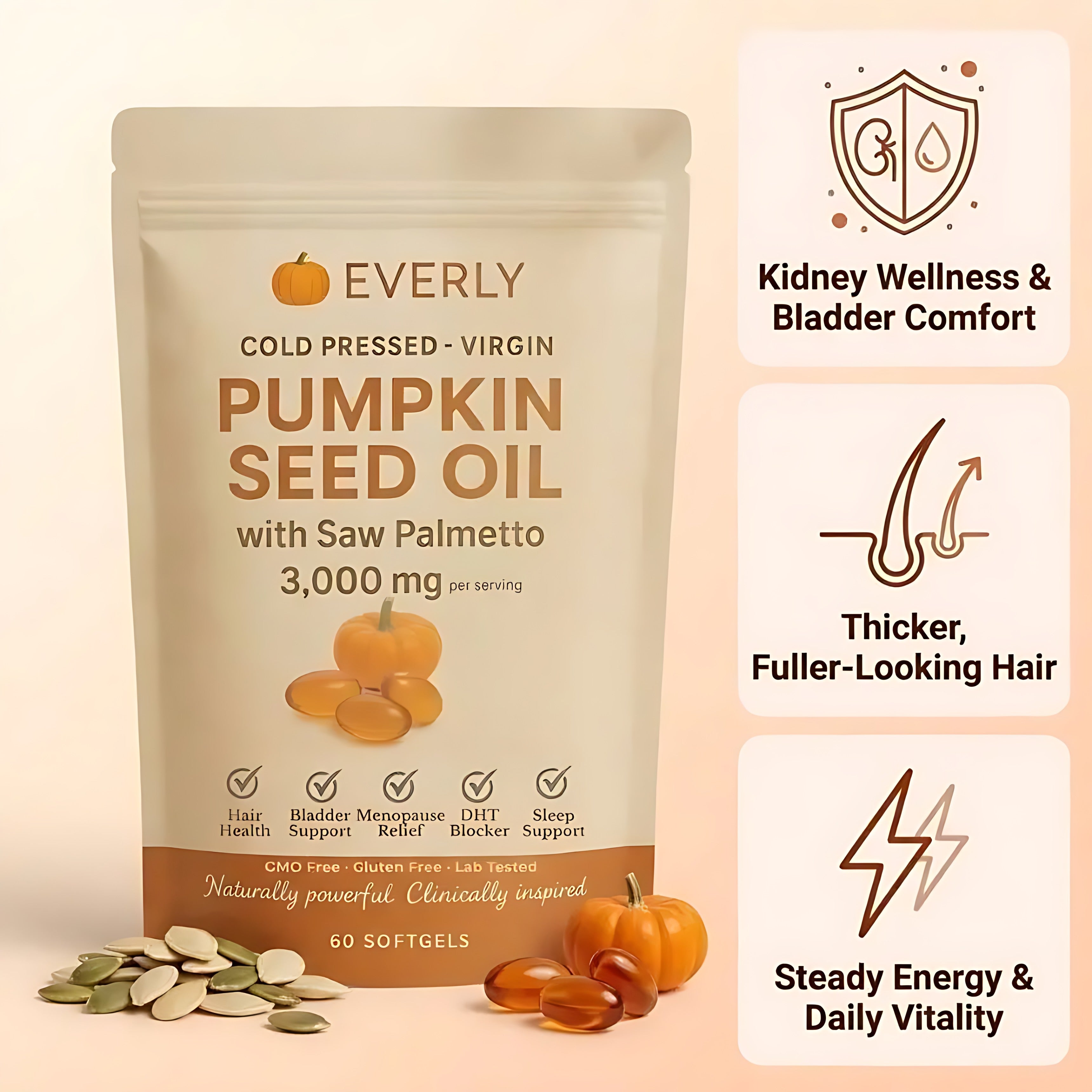 Everly Pumpkin Seed Oil softgels, 3,000 mg, for bladder comfort, hair, and daily vitality