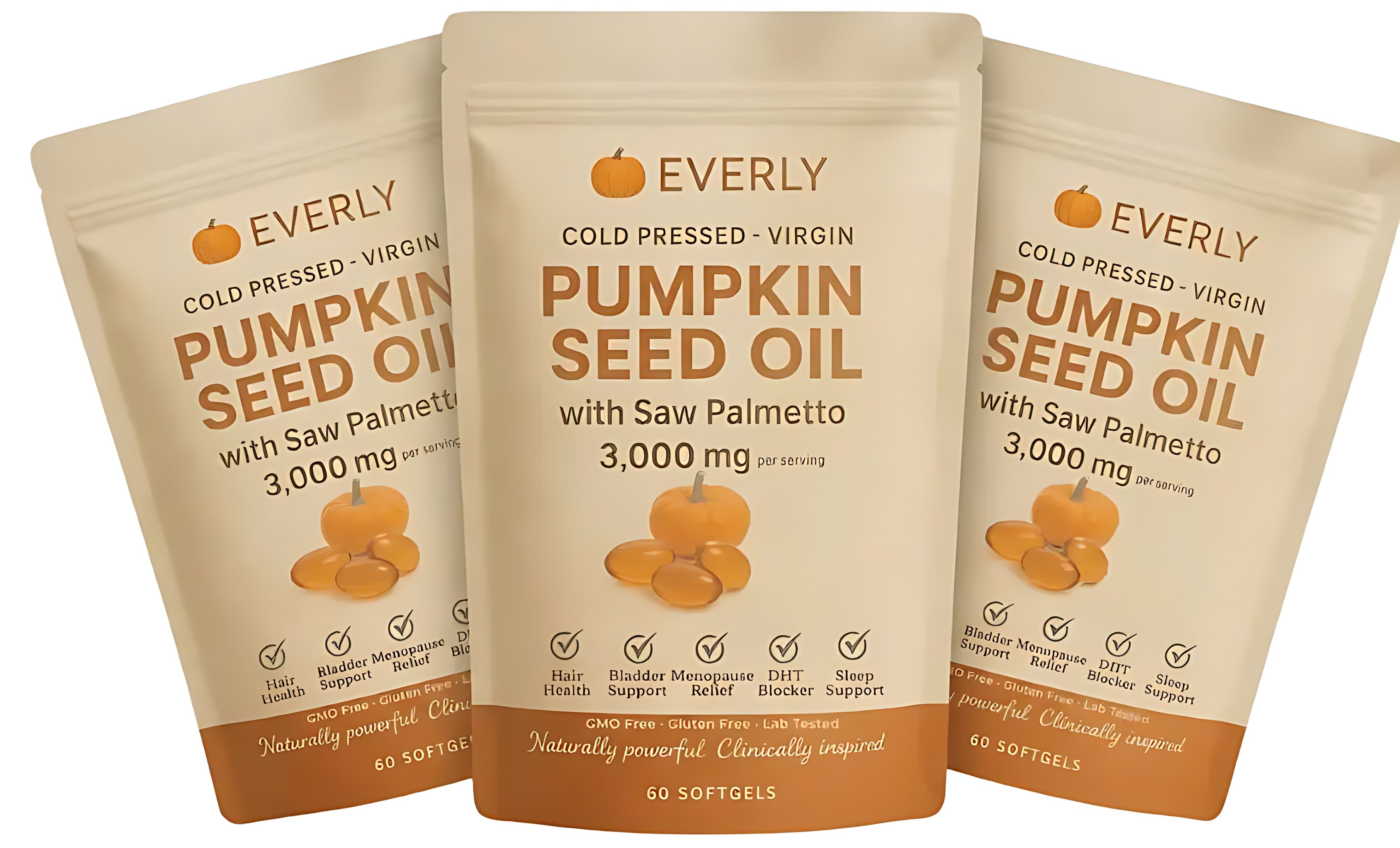 Three pouches of Everly Pumpkin Seed Oil softgels